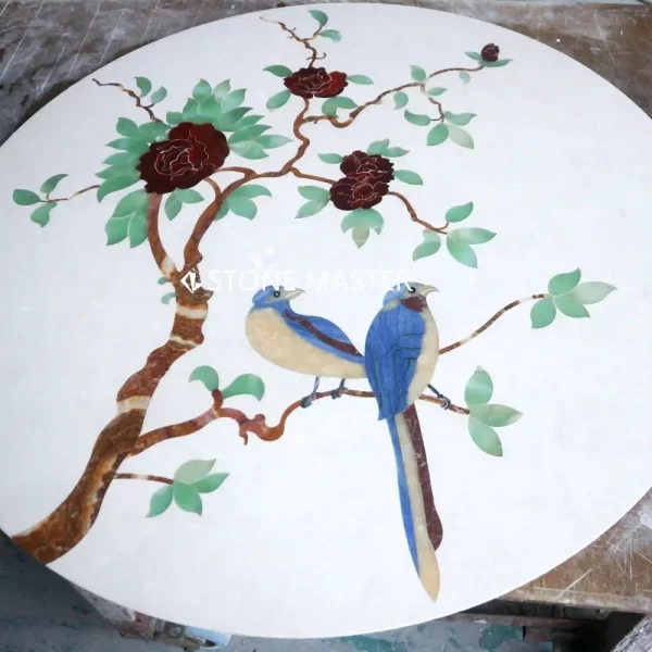 Elegant Pietra Dura Stone Floral & Bird Marble Inlay Background Wall