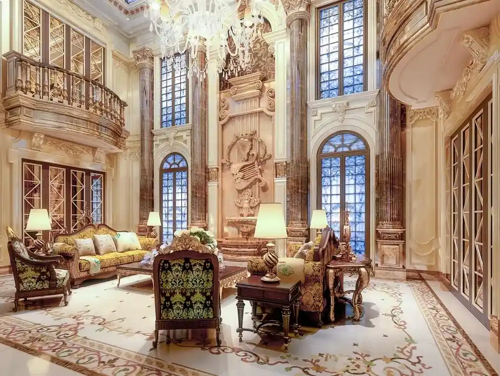 Luxury interior floor design inlaid marble medallion marble inlay design flooring Pietra Dura Art staircase entrance lobby living room lounge