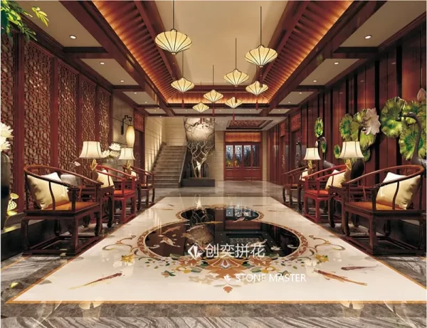 Marble Foyer Marble Inlay Flooring – Gourd & Koi Fish Design