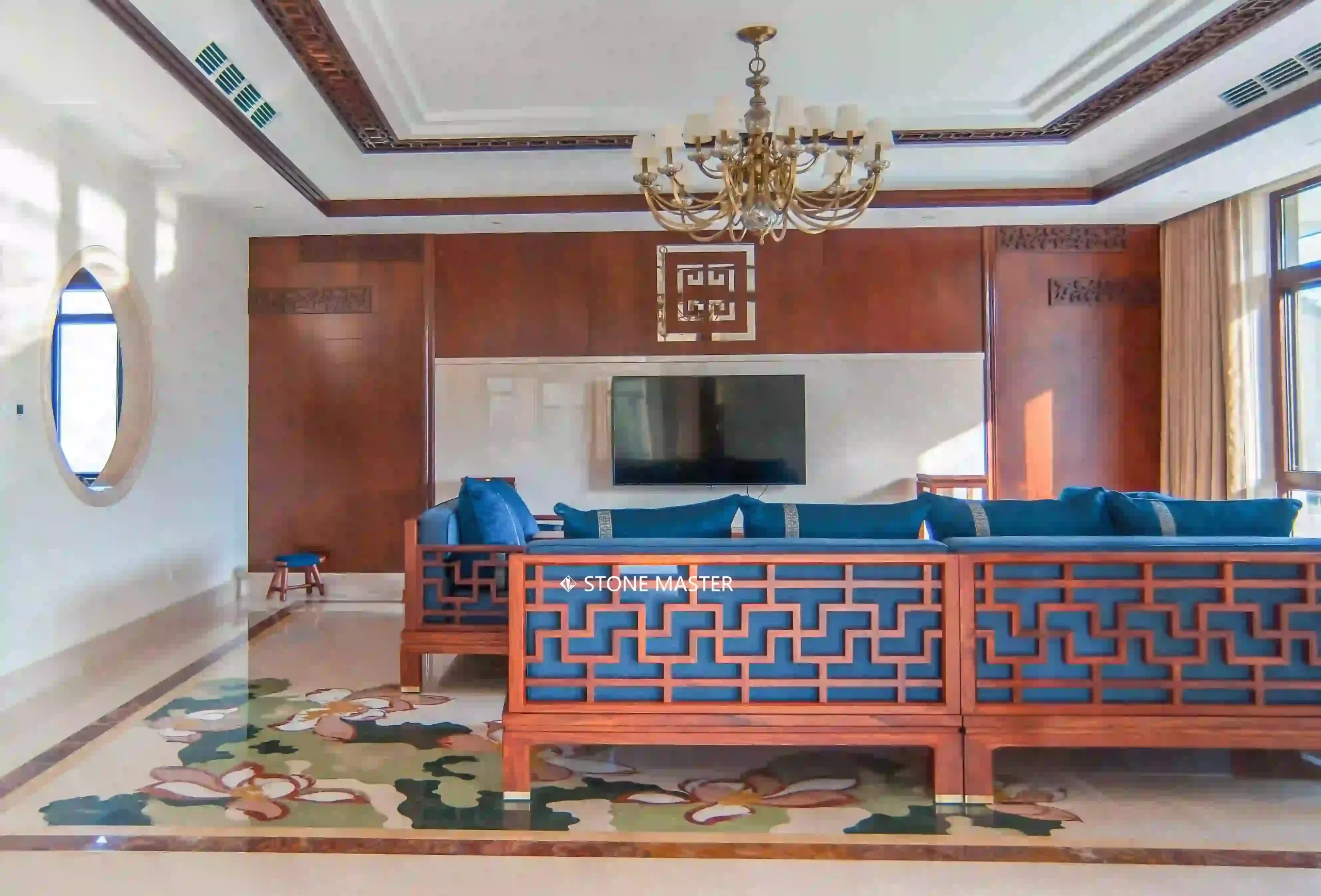 marble inlay flooring for living room flower pattern