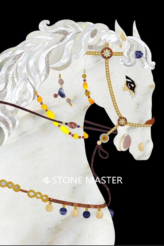 Graceful Pietra Dura Stone White Horse Marble Inlay Background Wall