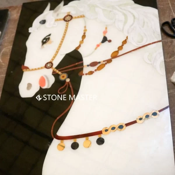 Graceful Pietra Dura Stone White Horse Marble Inlay Background Wall
