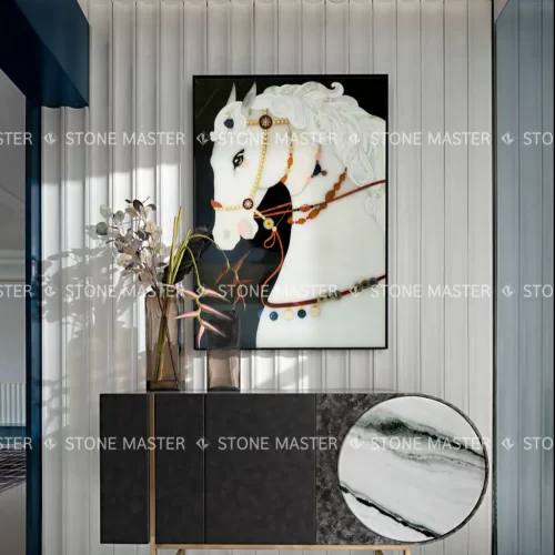 Graceful Pietra Dura Stone White Horse Marble Inlay Background Wall