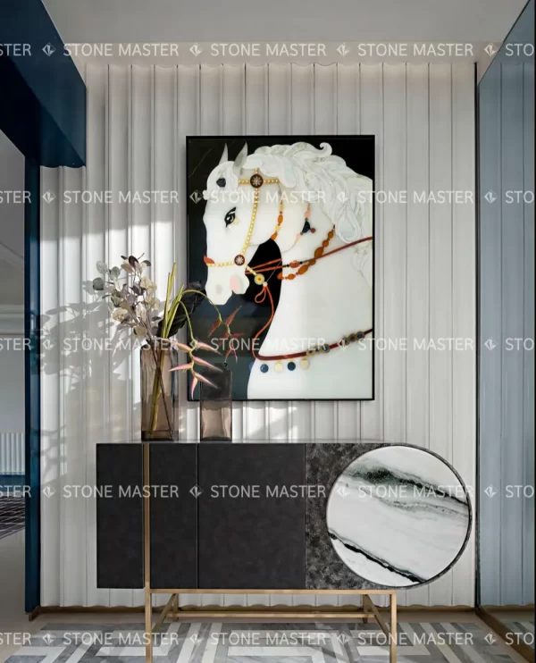 Graceful Pietra Dura Stone White Horse Marble Inlay Background Wall