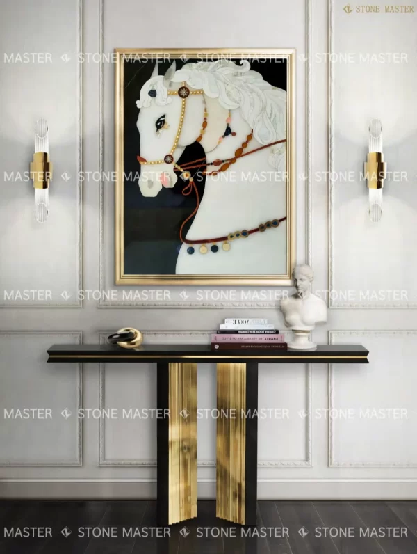 Graceful Pietra Dura Stone White Horse Marble Inlay Background Wall