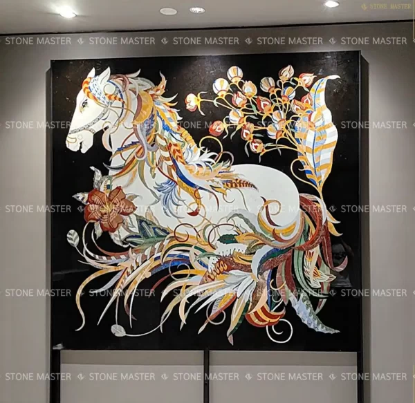 Majestic Pietra Dura Stone Horse Marble Inlay Wall Panel