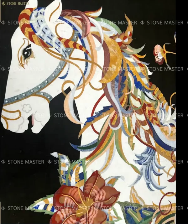 Majestic Pietra Dura Stone Horse Marble Inlay Wall Panel