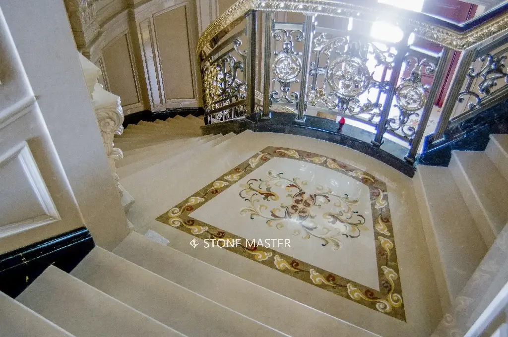 Luxury villa marble inlay design flooring staircase entrance