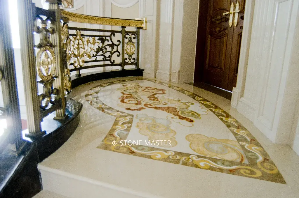Luxury villa marble inlay design flooring staircase entrance