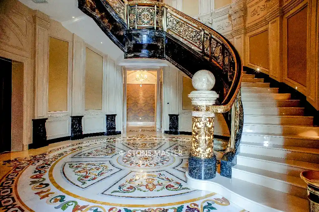 Luxury interior floor design inlaid marble medallion marble inlay design flooring Pietra Dura Art staircase entrance lobby living room lounge
