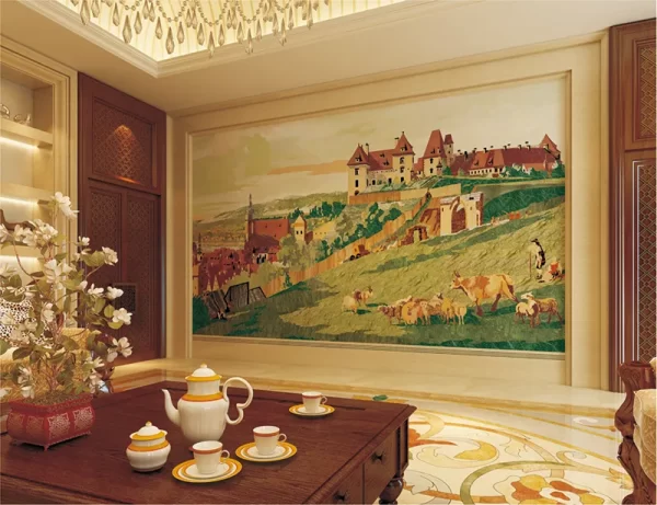 Elegant Marble Inlay Background Wall – A Masterpiece of Pietra Dura Stone Art