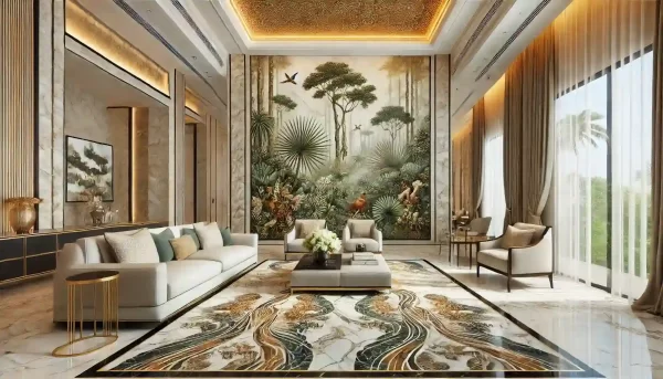 Marble Inlay Wall Panel – Tropical Jungle Design This stunning Marble Inlay Wall Panel features a tropical jungle theme