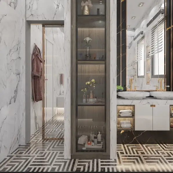 Elegant Marble Inlay Floor Design – Modern Pietra Dure with Bold Geometric Patterns