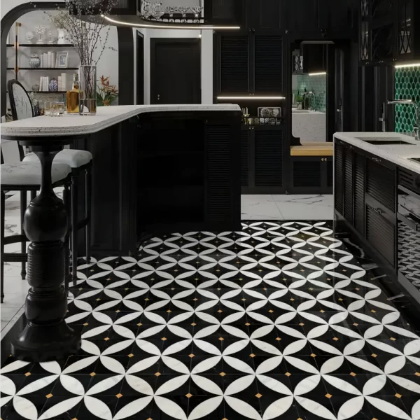 Marble Inlay Floor Design with Geometric Floral Tile Medallion