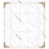 Elegant French-style marble inlay floor with white base and decorative corner tile medallions in gold and floral colors.