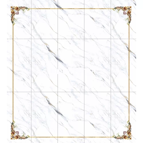 Elegant French-style marble inlay floor with white base and decorative corner tile medallions in gold and floral colors.