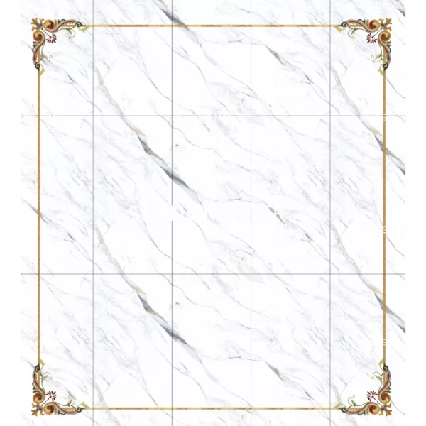 Elegant French-style marble inlay floor with white base and decorative corner tile medallions in gold and floral colors.