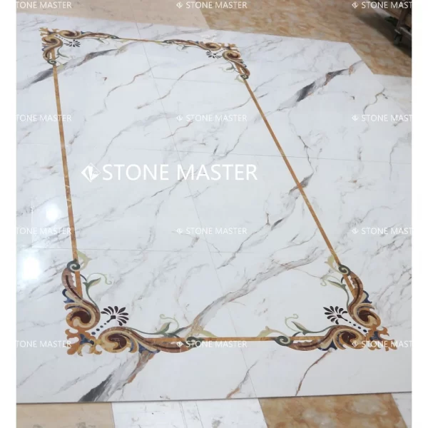 Elegant French-style marble inlay floor with white base and decorative corner tile medallions in gold and floral colors.