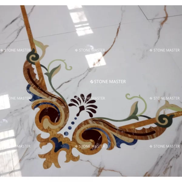 Elegant French-style marble inlay floor with white base and decorative corner tile medallions in gold and floral colors.