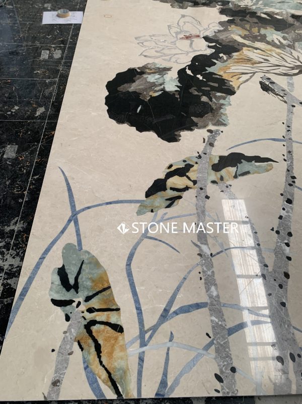 Marble Inlay Background Wall Decor Lotus Design Painting This exquisite Marble Inlay background wall is a timeless fusion of Eastern artistic tradition and Western luxury craftsmanship. Designed with inspiration from classic Chinese ink paintings, the lotus motif is elegantly portrayed using natural style marble textures. Each piece is a masterful expression of Pietra dura stone inlay, capturing the ethereal beauty of flowers, water, and movement.