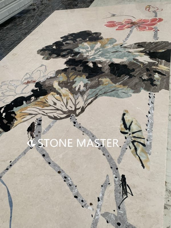Marble Inlay Background Wall Decor Lotus Design Painting This exquisite Marble Inlay background wall is a timeless fusion of Eastern artistic tradition and Western luxury craftsmanship. Designed with inspiration from classic Chinese ink paintings, the lotus motif is elegantly portrayed using natural style marble textures. Each piece is a masterful expression of Pietra dura stone inlay, capturing the ethereal beauty of flowers, water, and movement.