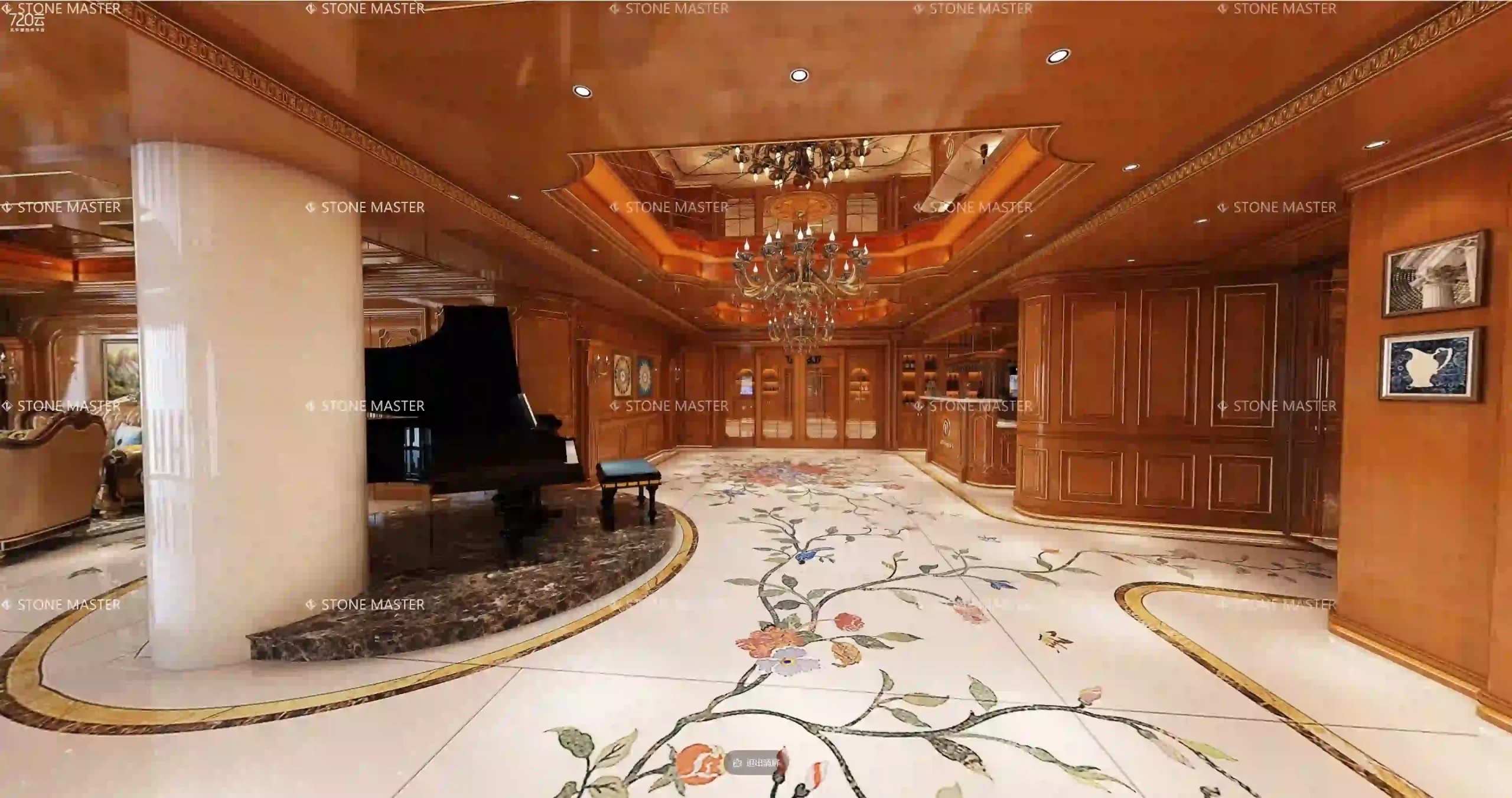 Elegant tile medallions floor design in a luxury entryway, featuring classical patterns and high-end custom decor.