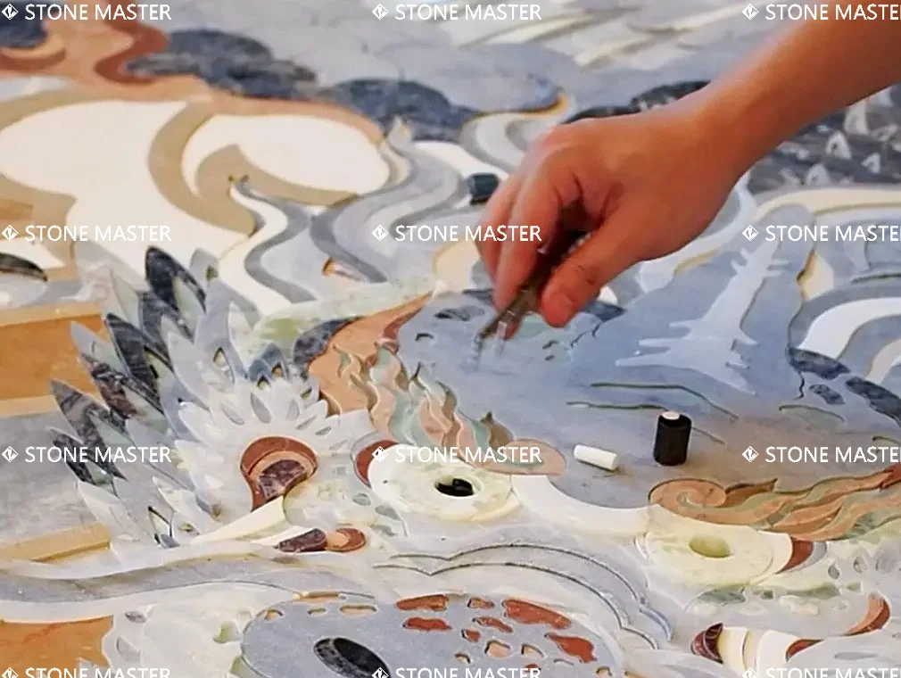 Historical marble inlay floor design inlaid with gemstones, inspired by 16th-century Pietra Dura art