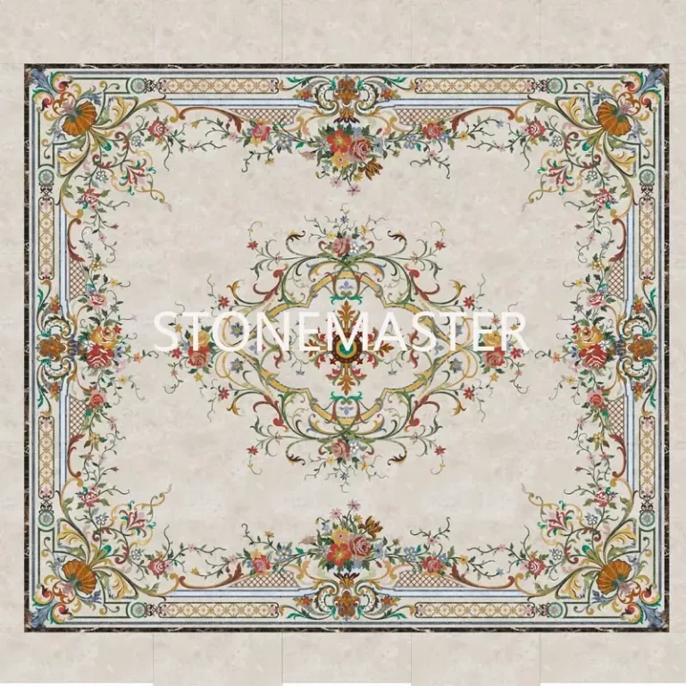 Marble inlay flooring with floral medallion in a luxury villa