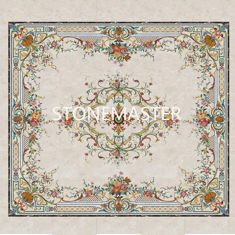 Marble inlay flooring with floral medallion in a luxury villa