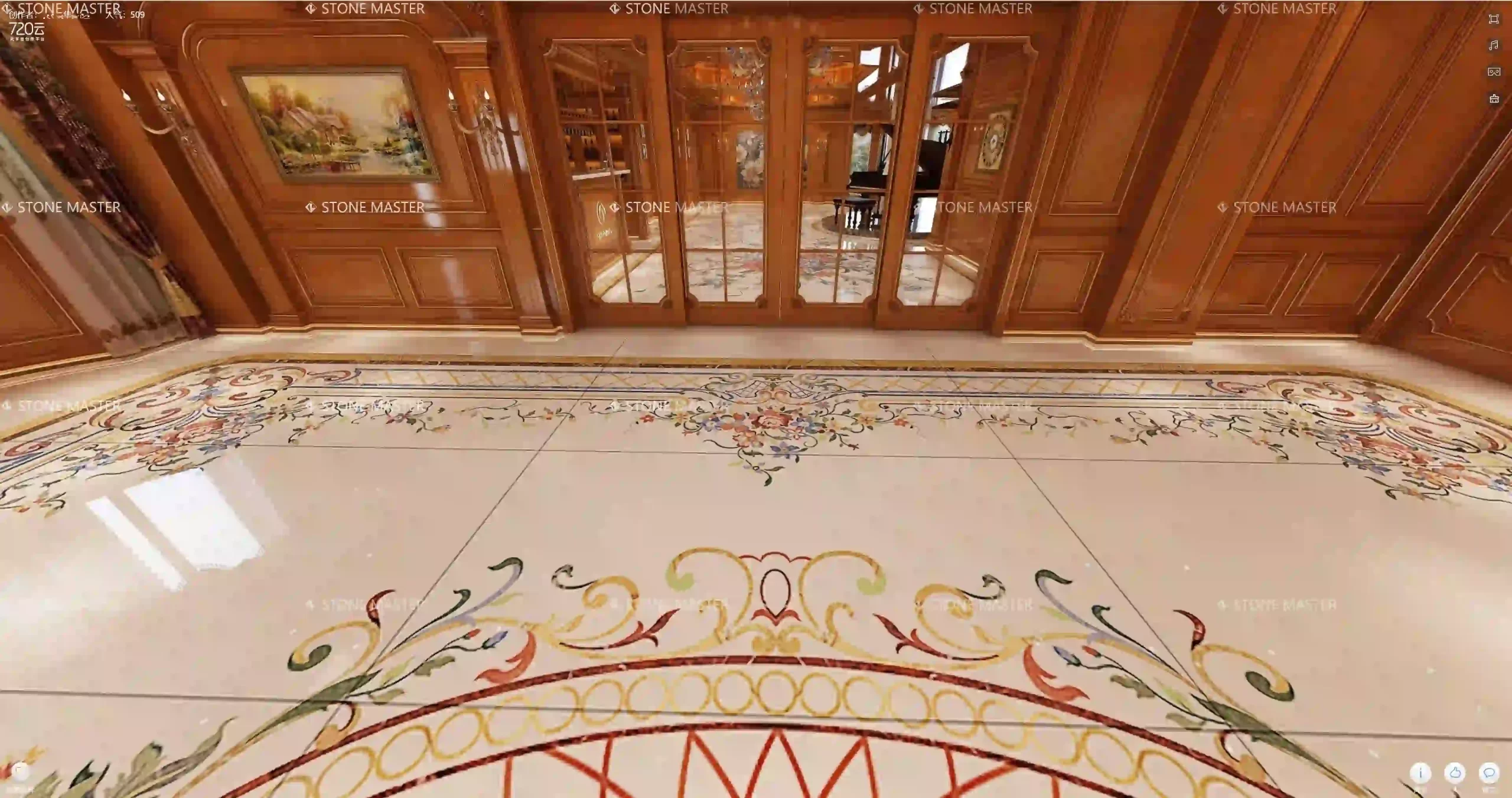 Elegant tile medallions floor design in a luxury entryway, featuring classical patterns and high-end custom decor.