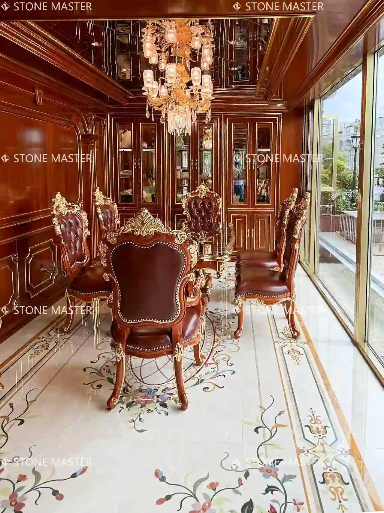 Luxury entryway with custom tile medallions floor design featuring classical patterns, ideal for upscale interiors and lobby decor.