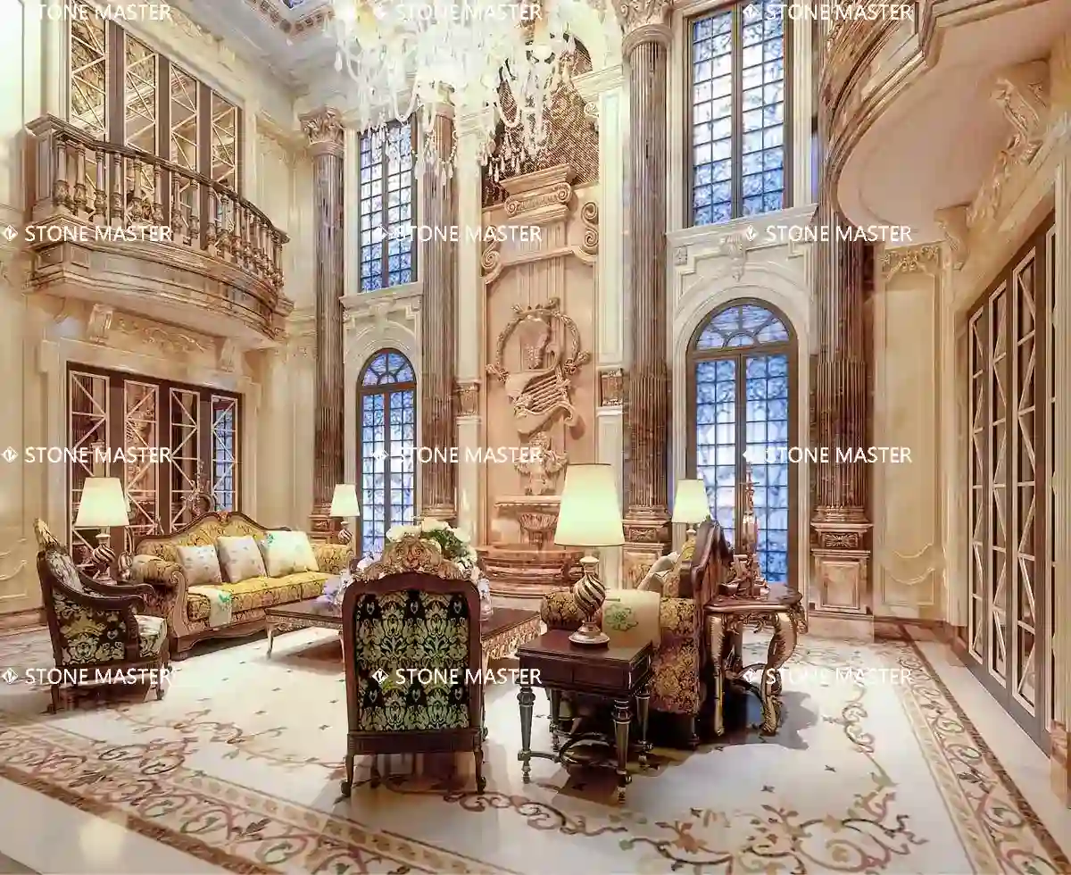 Custom marble inlay floor installed in a contemporary luxury villa living room and lobby