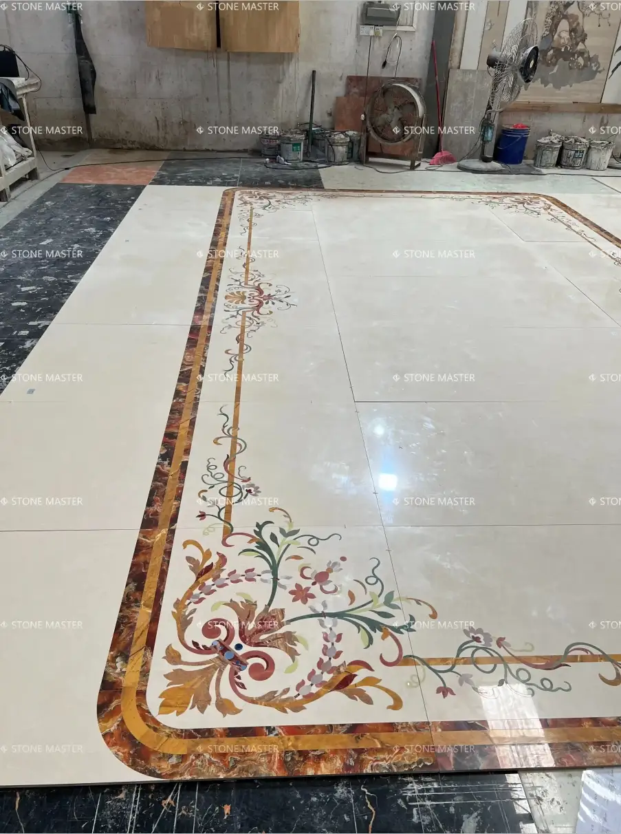 Bespoke marble floor inlay in modern European-style villa
