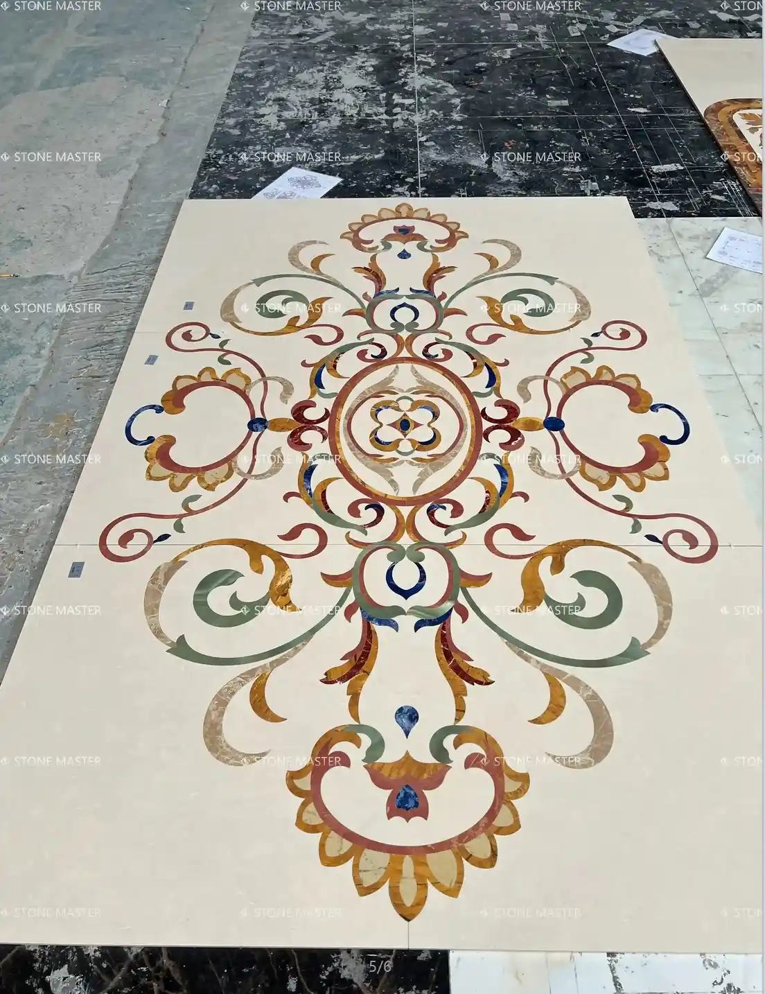 Bespoke marble floor inlay in modern European-style villa