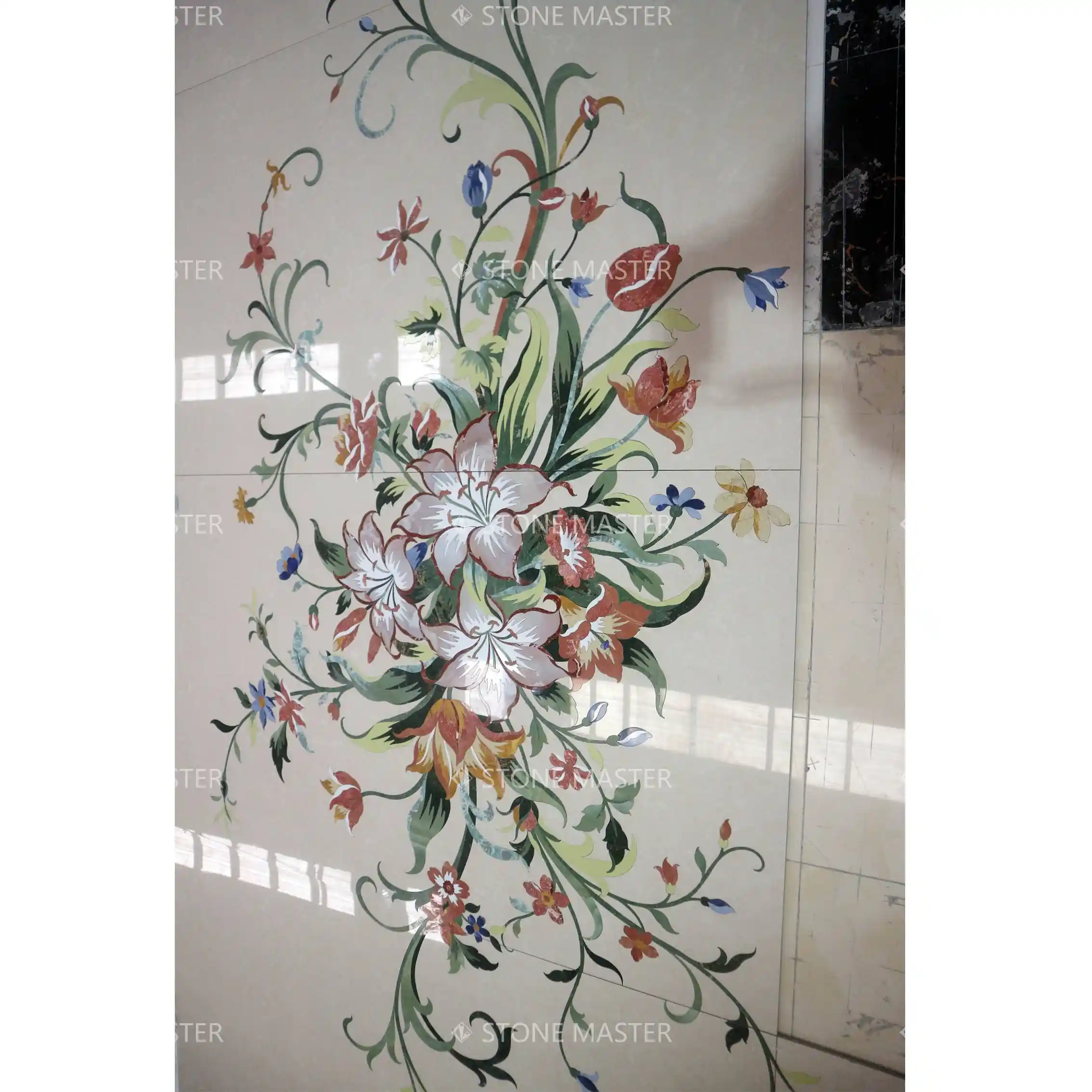 Classic floor design featuring floral tile medallions