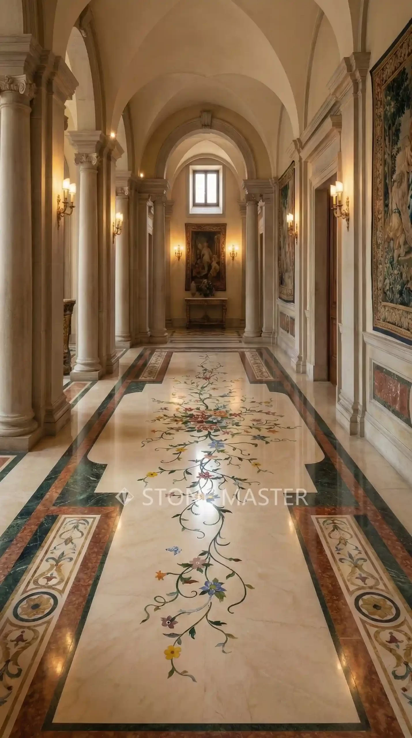 Marble inlay flooring with floral medallion in a luxury villa