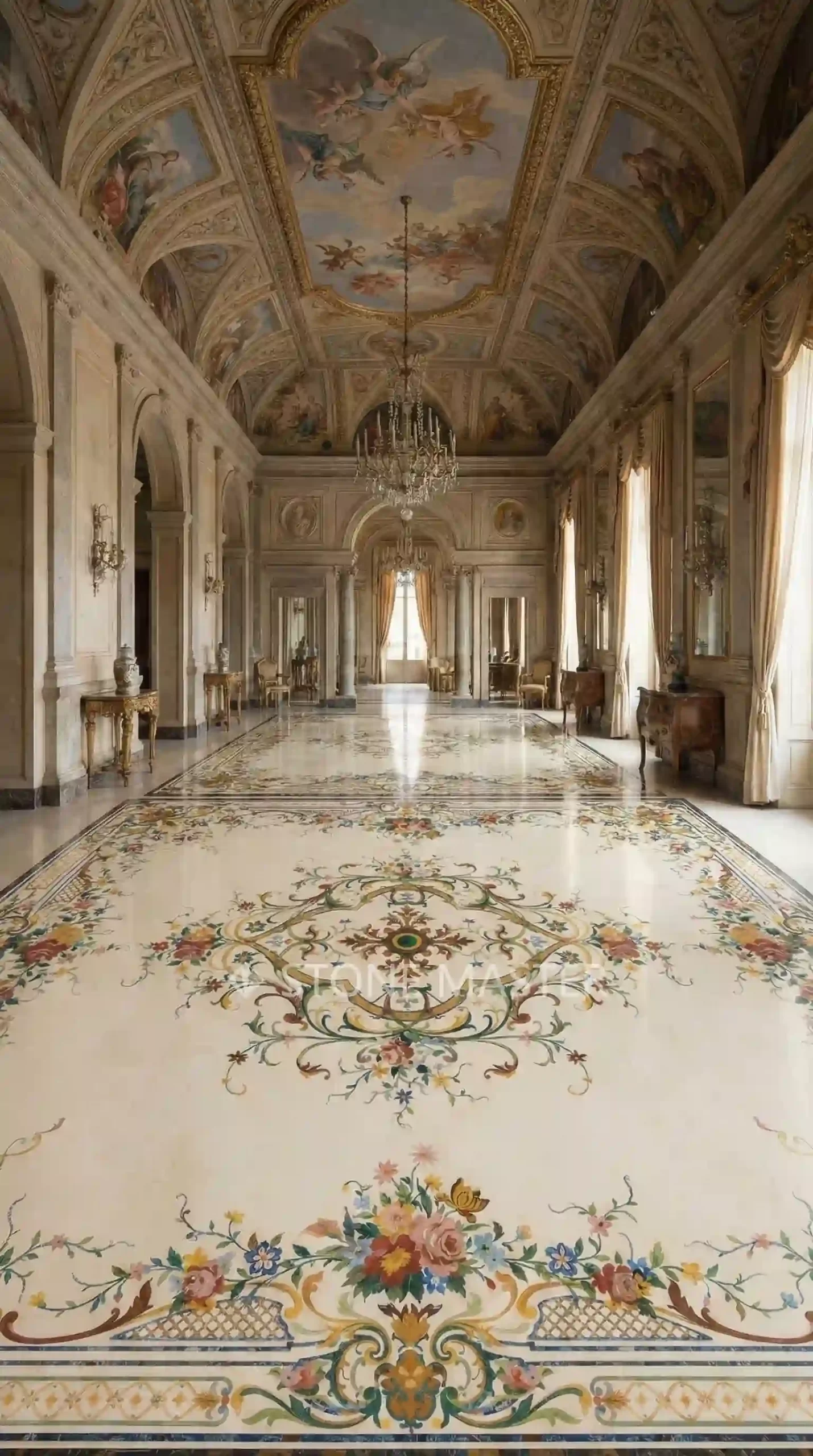 Marble inlay flooring with floral medallion in a luxury villa