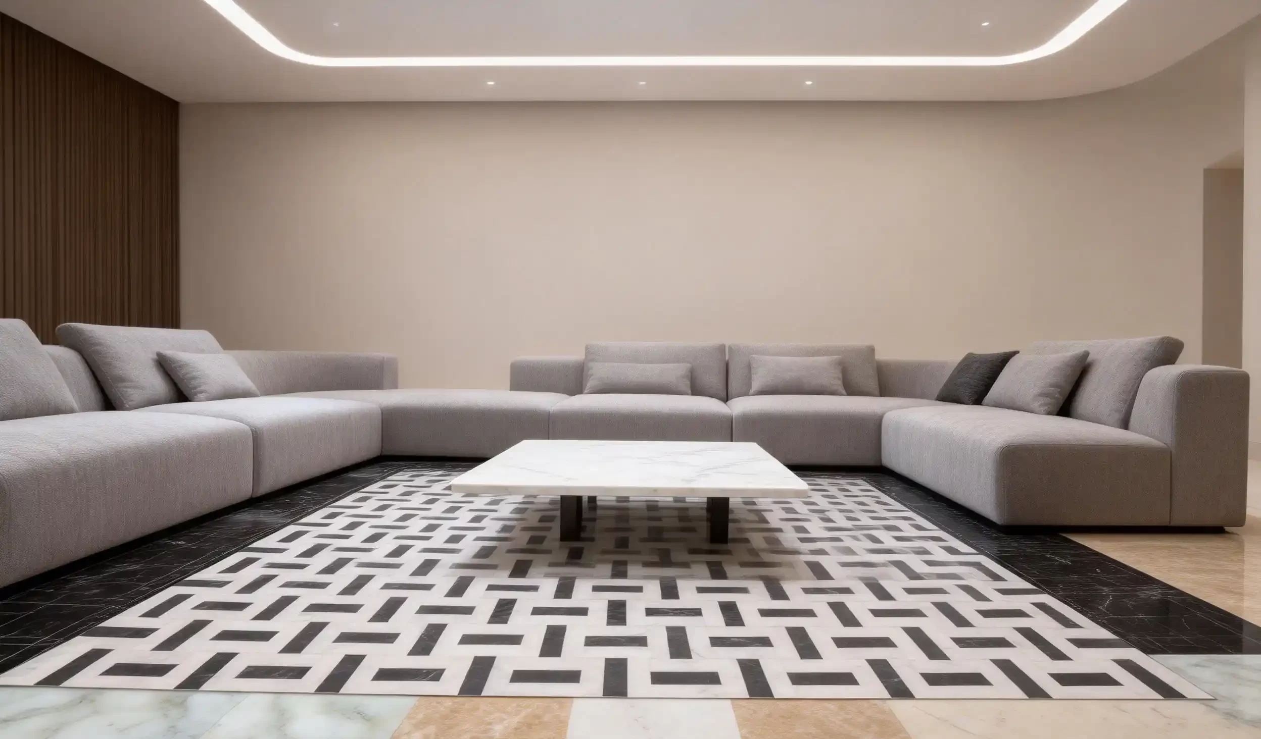 Handcrafted marble medallion with high-gloss finish integrated into luxury custom marble floors.