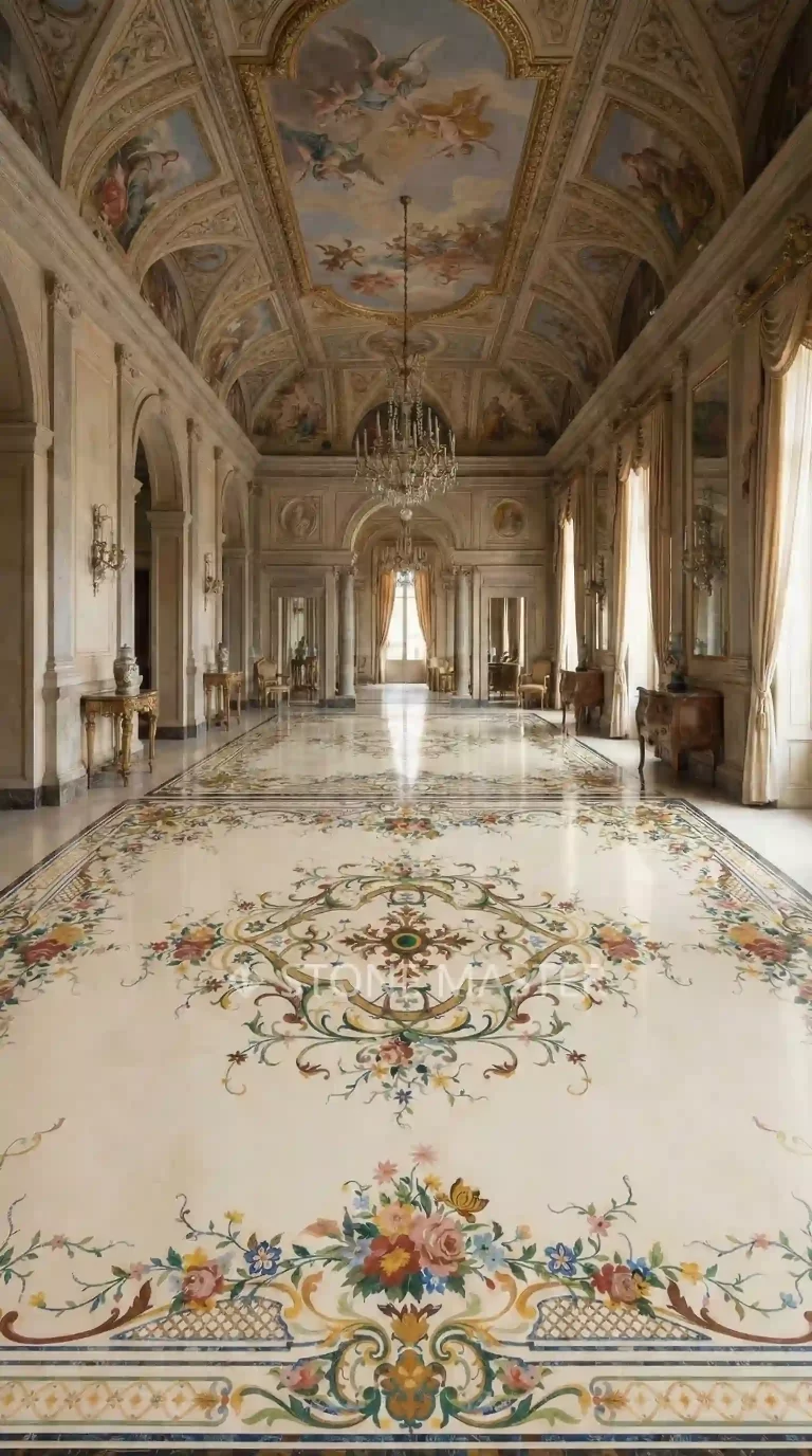 Marble Flooring installation in a luxurious living room with elegant marble inlay flooring and timeless floor design.