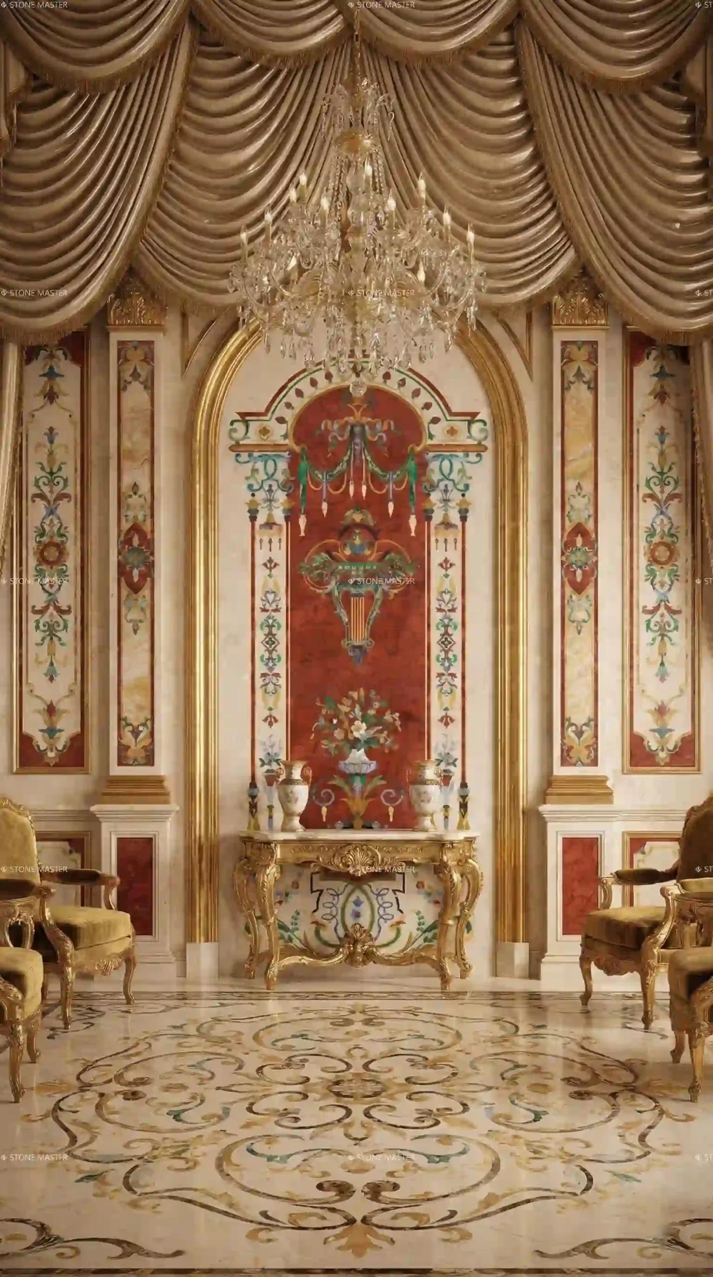 Marble inlay flooring with marble artwork in luxurious villa