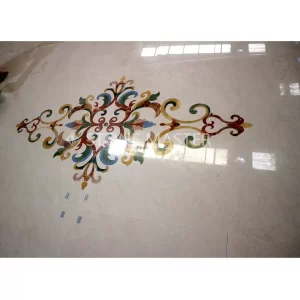 Tile medallions featuring Italian marble inlay floor design for luxury villa interiors with custom patterns and natural stone details