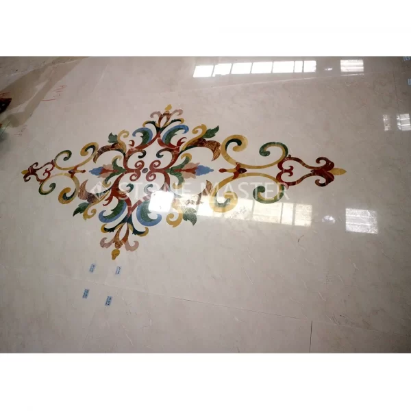 Tile medallions featuring Italian marble inlay floor design for luxury villa interiors with custom patterns and natural stone details