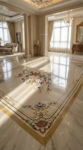 Marble floor medallion crafted with Italian marble inlay and luxury natural stone. Custom designs for marble and tile flooring in residential and commercial spaces.