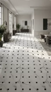 Modern floor design with black and white geometric marble medallions for luxury marble inlay flooring interiors