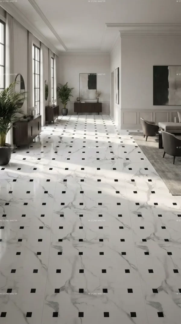 Modern floor design with black and white geometric marble medallions for luxury marble inlay flooring interiors Modern floor design with black and white geometric marble medallions for luxury marble inlay flooring interiors