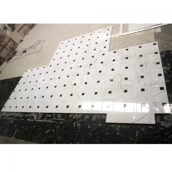 Modern floor design with black and white geometric marble medallions for luxury marble inlay flooring interiors Modern floor design with black and white geometric marble medallions for luxury marble inlay flooring interiors