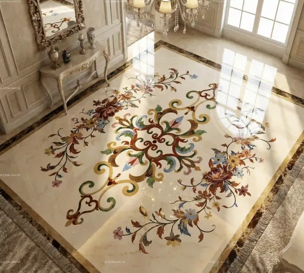 Tile medallions featuring Italian marble inlay floor design for luxury villa interiors with custom patterns and natural stone details