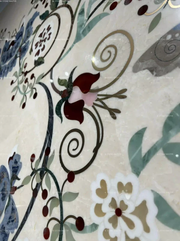 Brass inlay marble wall decor crafted with natural marble and brass inlay, ideal for luxury interior feature walls in bathrooms, living rooms, corridors, and hotel lobbies.