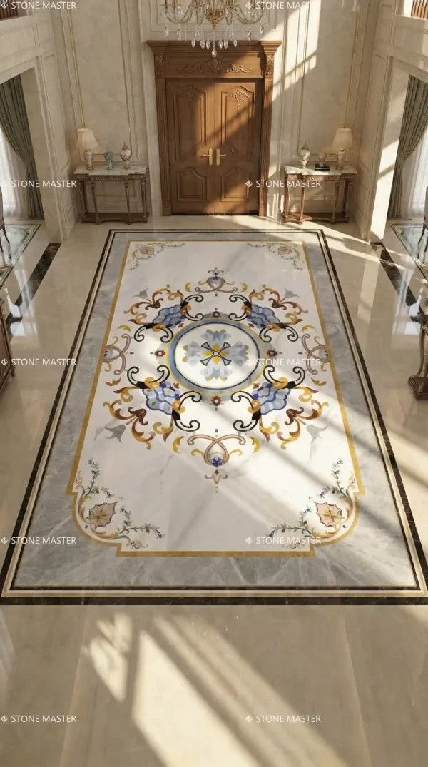 Tile Floor Medallions in premium marble flooring tiles showcasing modern luxury design for grand foyers with intricate custom marble inlay pattern