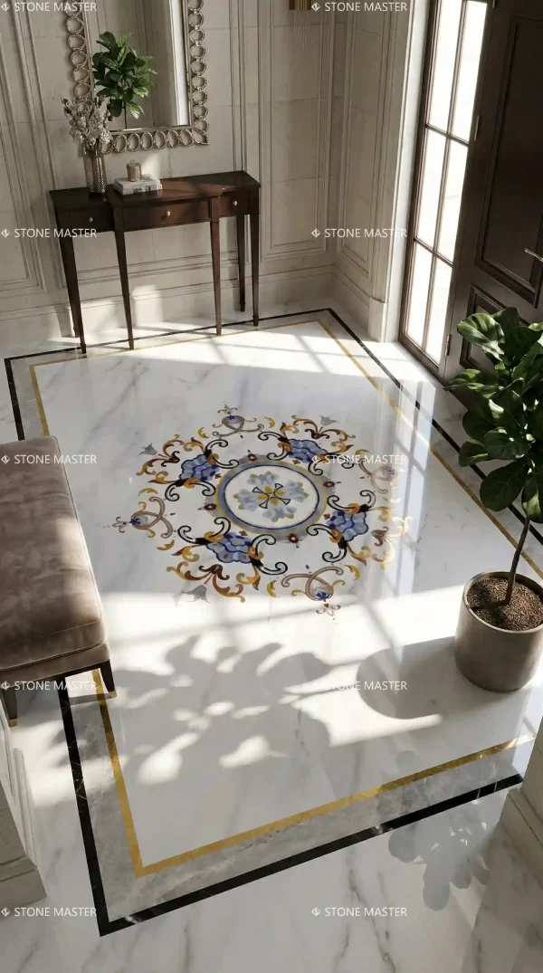 Tile Floor Medallions in premium marble flooring tiles showcasing modern luxury design for grand foyers with intricate custom marble inlay pattern